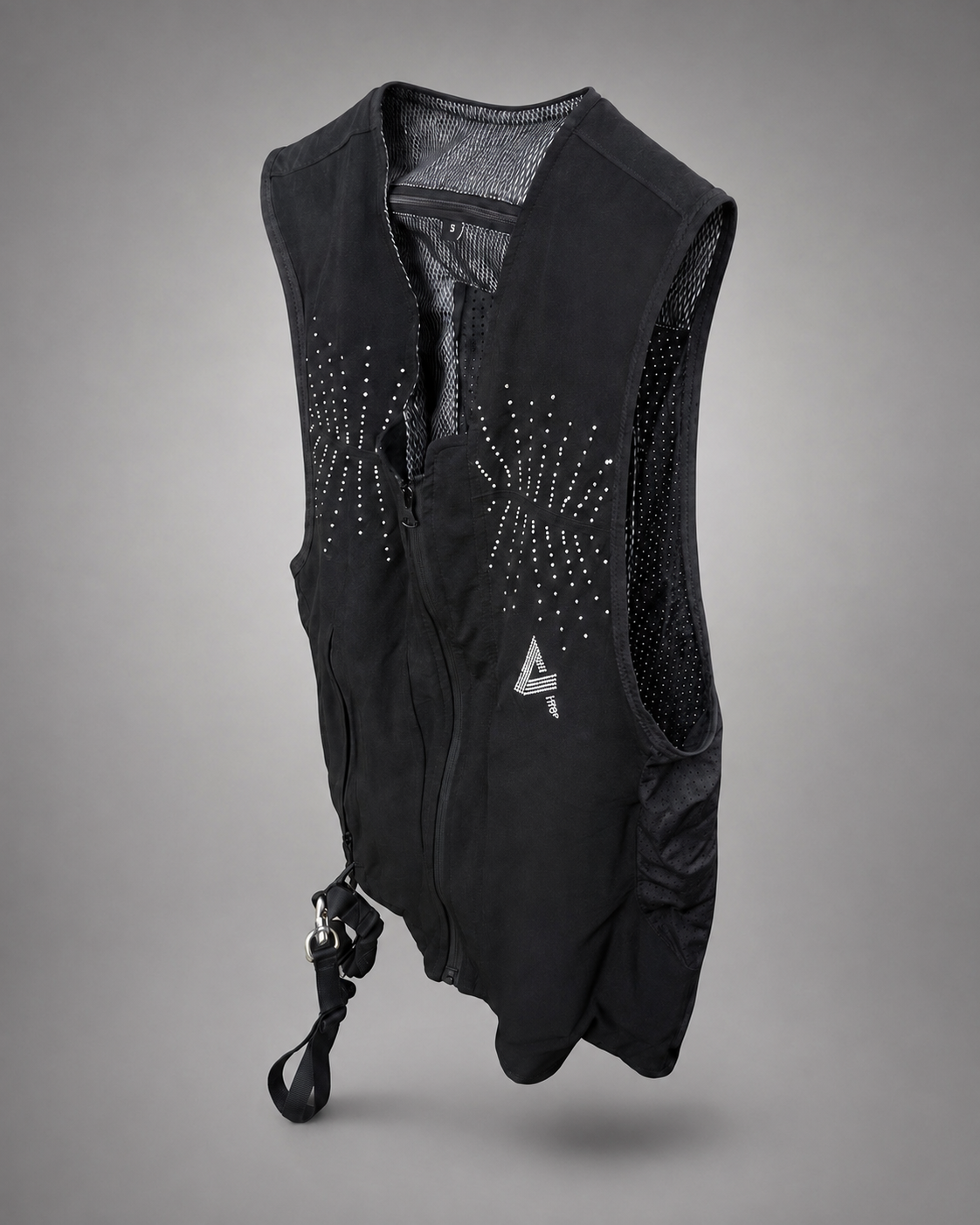 Gilet airbag d’équitation à cristaux SUN AXION Equestrian – vue trois-quarts avec longe de connexion