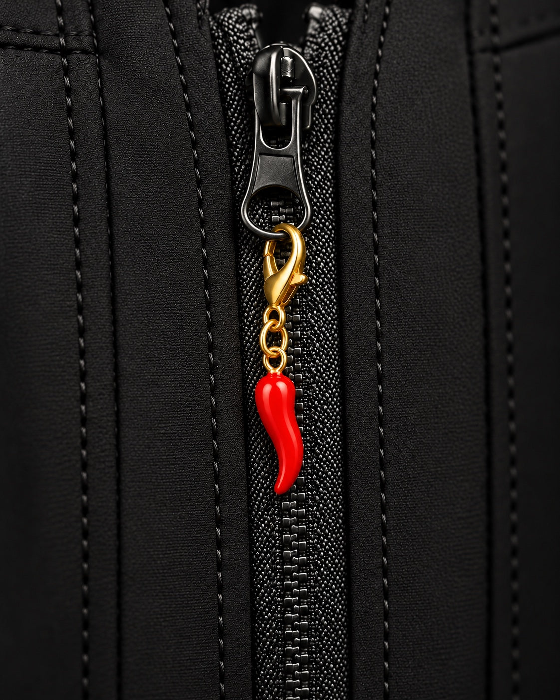 Charm AXION peperoncino rosso con moschettone dorato, agganciato a un tirazip nero.