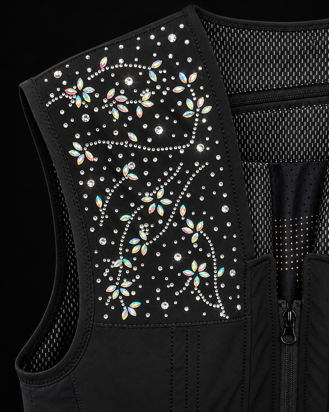 Colete airbag Crystal FLOWER AXION Equestrian, motivo floral em cristais Swarovski no ombro.