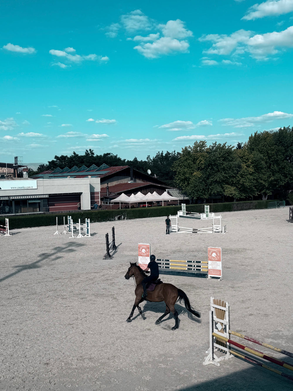 Cavalier et cheval à l'obstacle dans une carrière de concours équestre