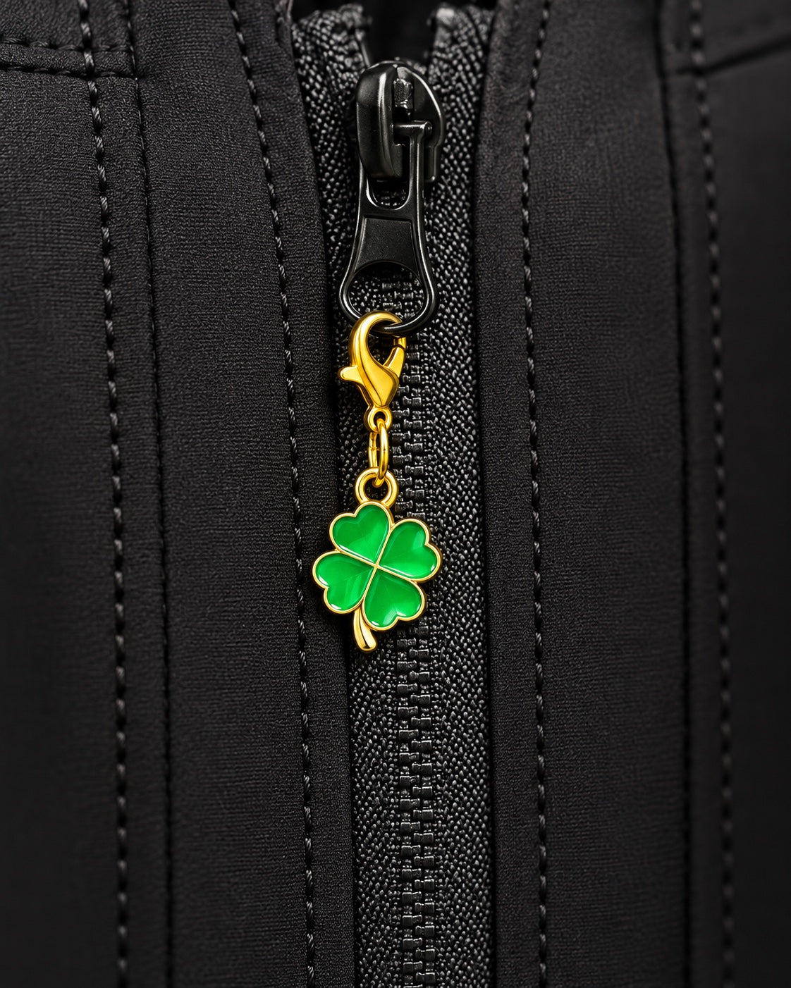 
Charm AXION quadrifoglio verde con moschettone dorato, agganciato a un tirazip nero.