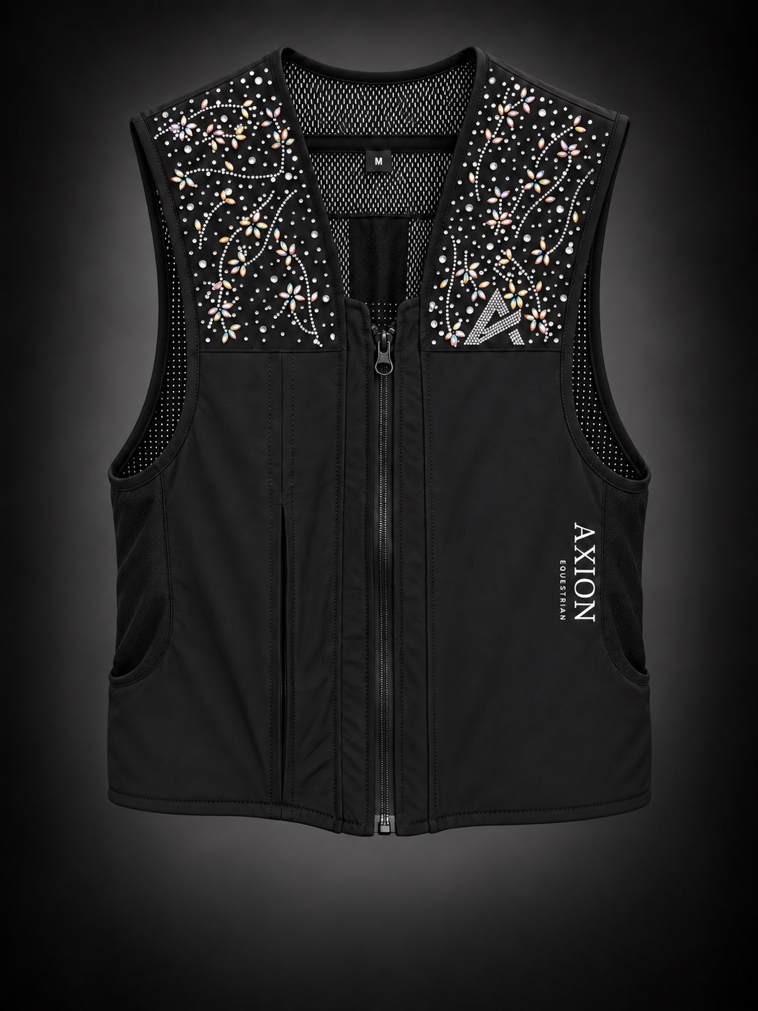 Gilet airbag d’équitation Crystal FLOWER AXION Equestrian, vue de face sur fond sombre